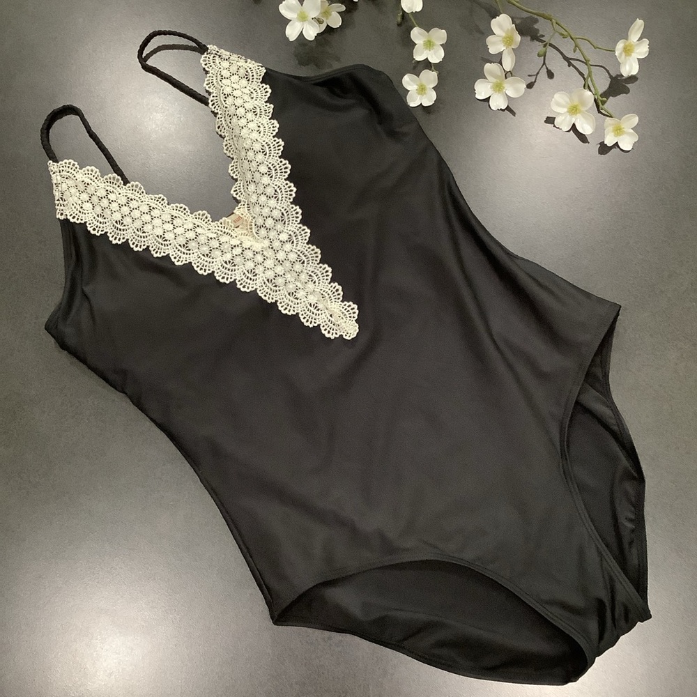 Sundance Arabella Deep Crochet Lace V Neck One Piece Swimsuit Braided Strap